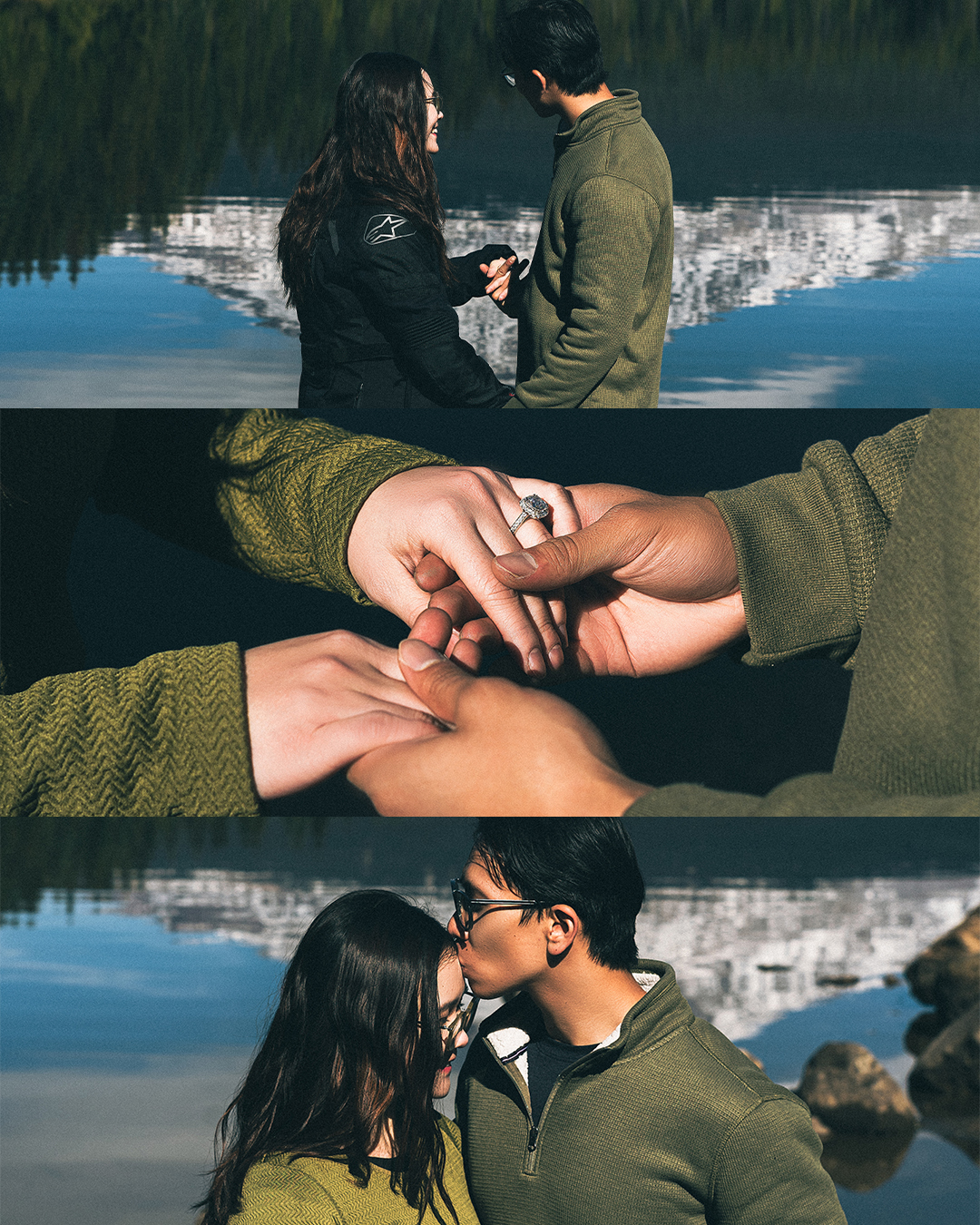 Cinematic Surprise Proposal at Trillium Lake with the View of Snowy Mount Hood — photograph 1 of 10